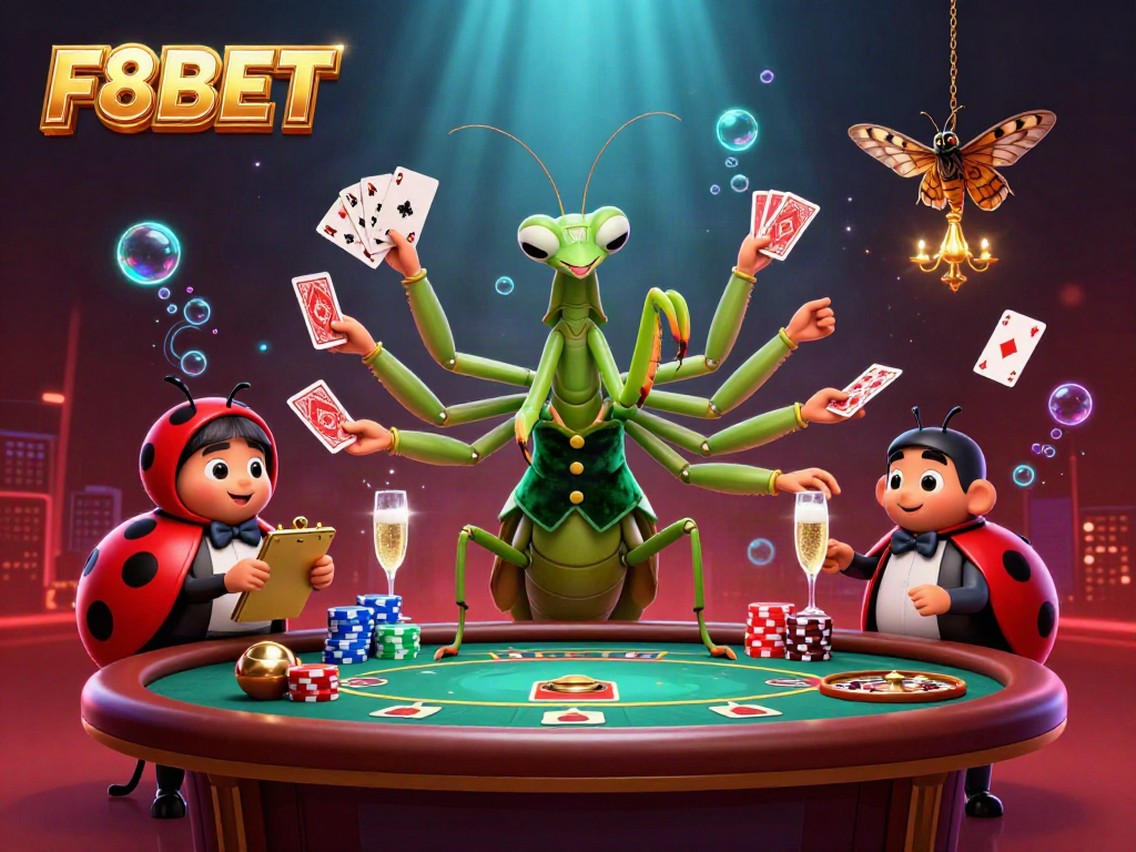 Engage with F8BET's vibrant casino world featuring the mantis dealer and ladybug pit boss amidst casino elements.