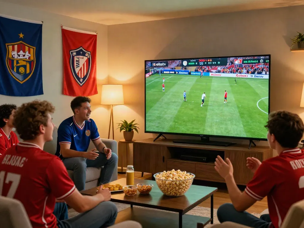 Xoilactv football fans gathered in a cozy living room enjoying a live match together.