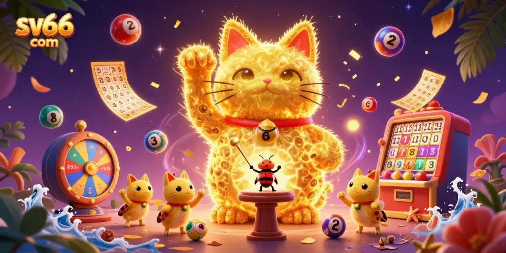 Engage with sv66 com's vibrant casino experience featuring a lucky cat and dynamic game symbols.