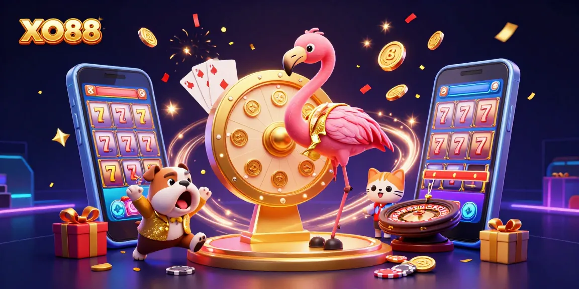 XO88 brings excitement with a flamingo game show host, a bulldog contestant, and a cat assistant amid vibrant slot game action.