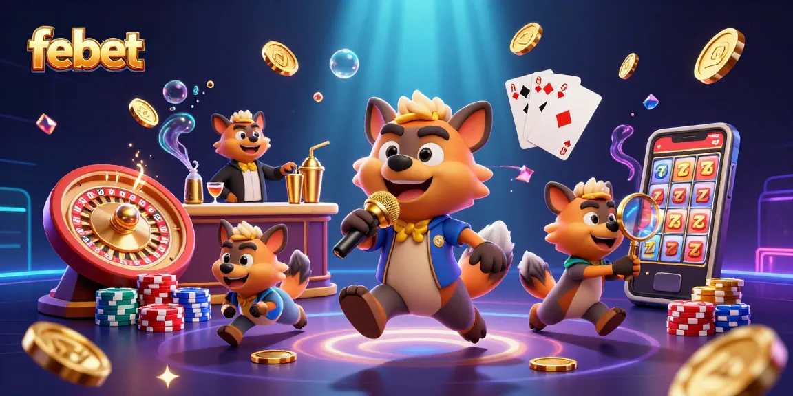 Experience febet's lively casino atmosphere with hyena characters in a comedic scene.