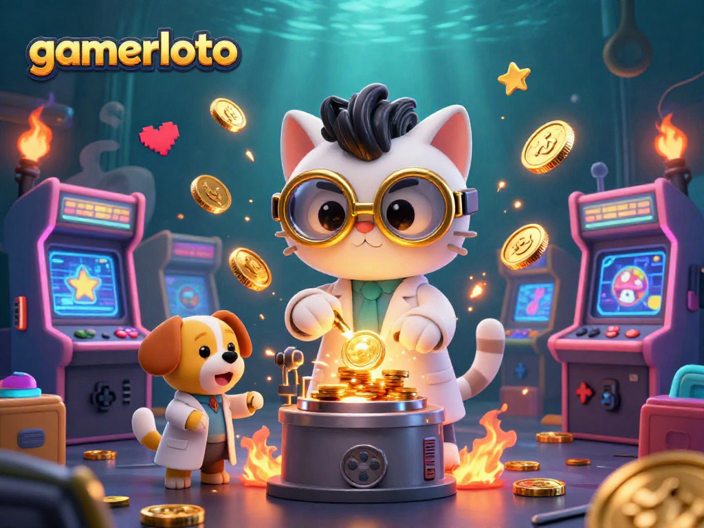 Join gamerloto’s thrilling casino adventure with a mad scientist cat and colorful game machines!