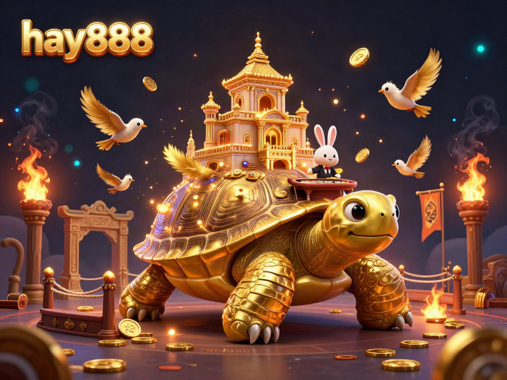 Engage in thrilling gameplay at hay888 with an exciting casino scene featuring a golden tortoise and dealer.