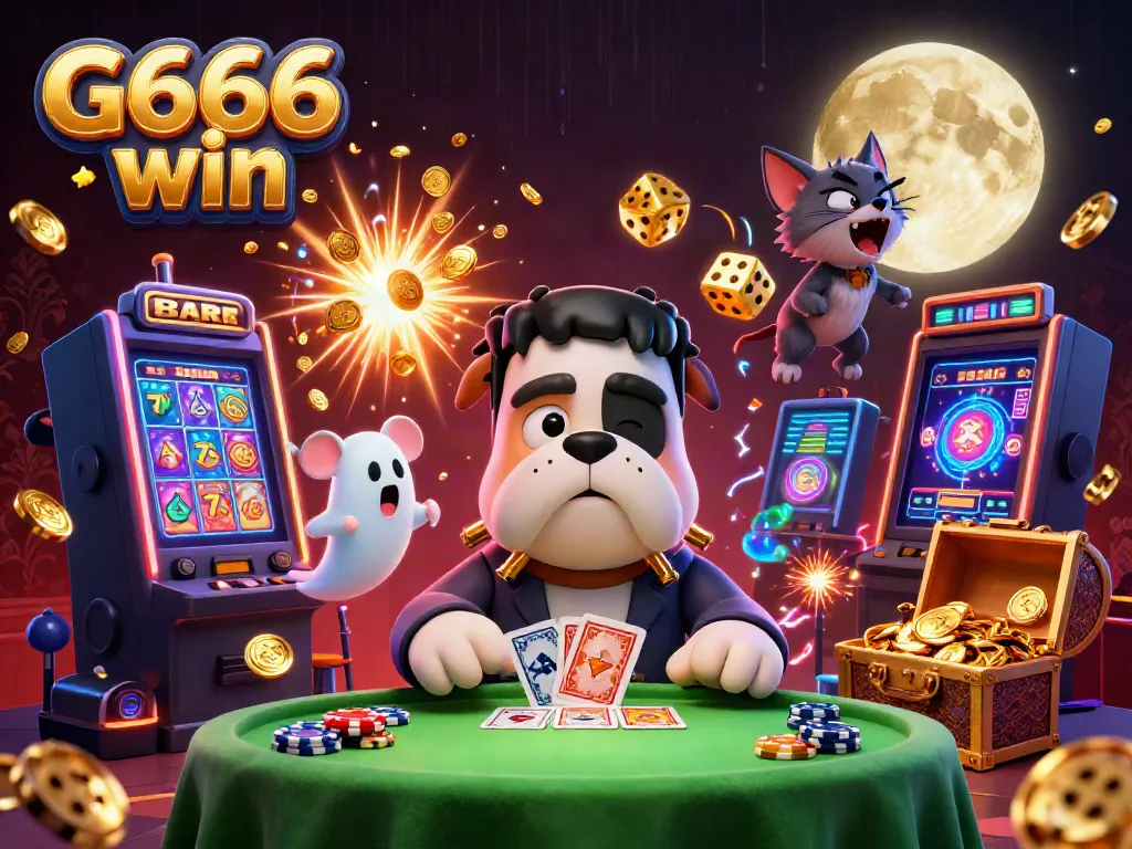 Experience G666 win with a lively casino scene featuring vibrant characters and game elements.