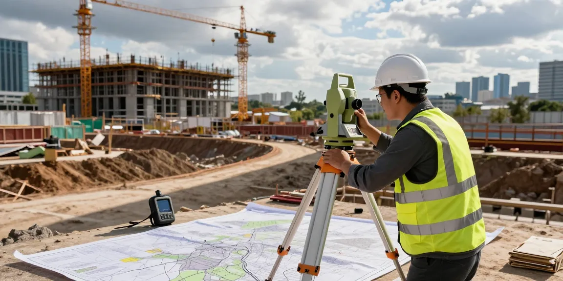 Topographical surveys London by professional surveyor at urban construction site.