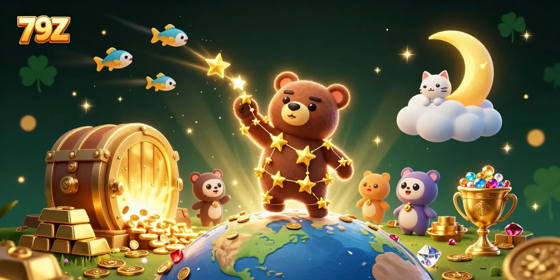 Engage with 79Z's vibrant gaming world featuring constellation bear and treasure in 3D