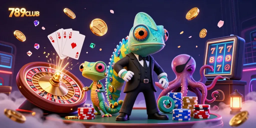 Experience vivid gaming action with 789CLUB's dynamic characters amidst glimmering casino treasures and vibrant gameplay elements.