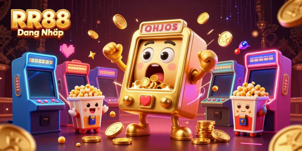 Activate the excitement of RR88 Đăng Nhập as golden slot machines celebrate a jackpot with coins flying around.