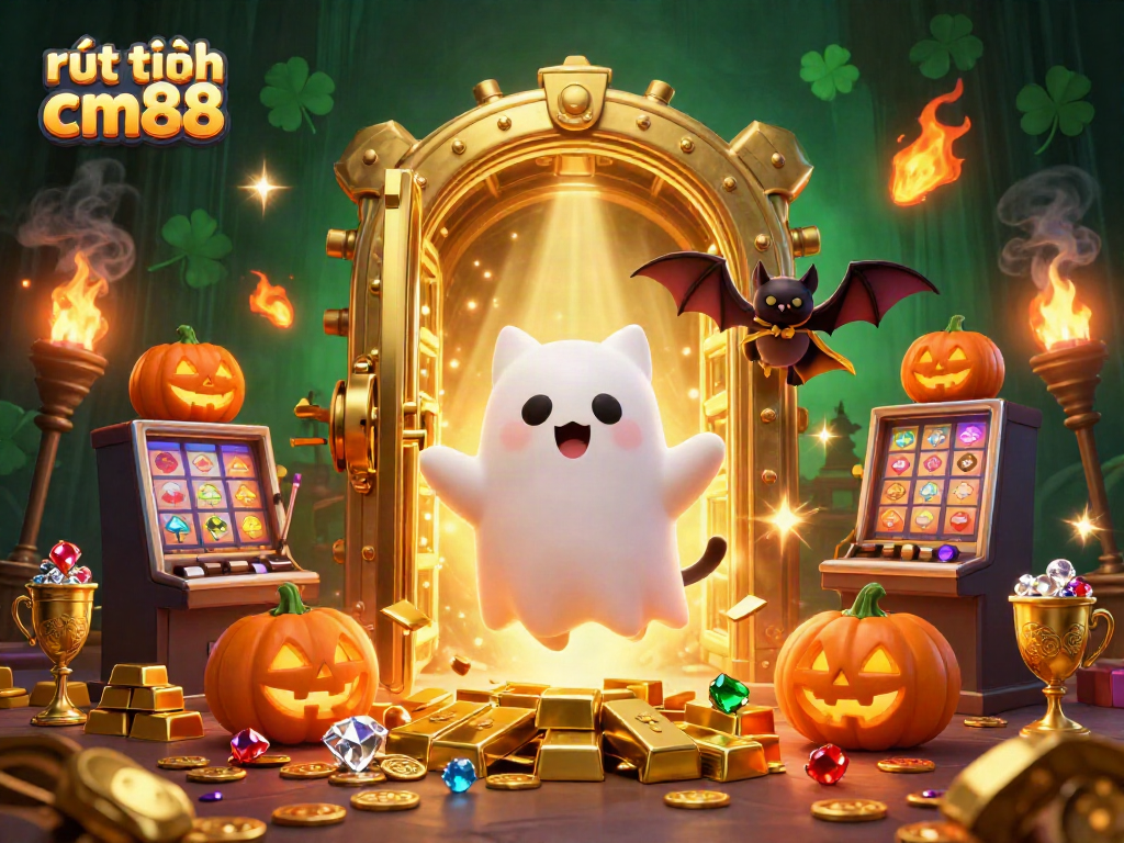 Experience rút tiền cm88 with a fun 3D ghost cat and treasure in a vibrant casino scene.