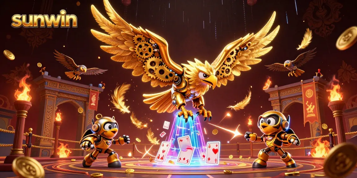 Engage with the thrilling sunwin gaming experience, featuring a cybernetic eagle amidst holographic cards and dynamic casino elements.