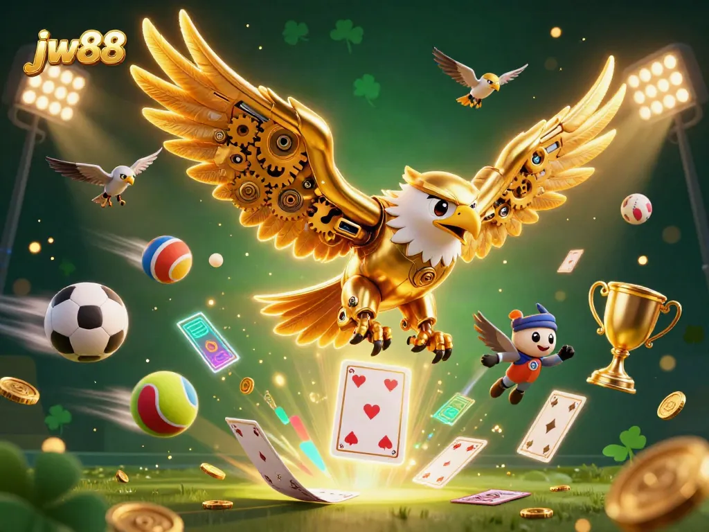 Experience thrilling gameplay with JW88, featuring a cybernetic eagle immersed in a vibrant casino atmosphere.