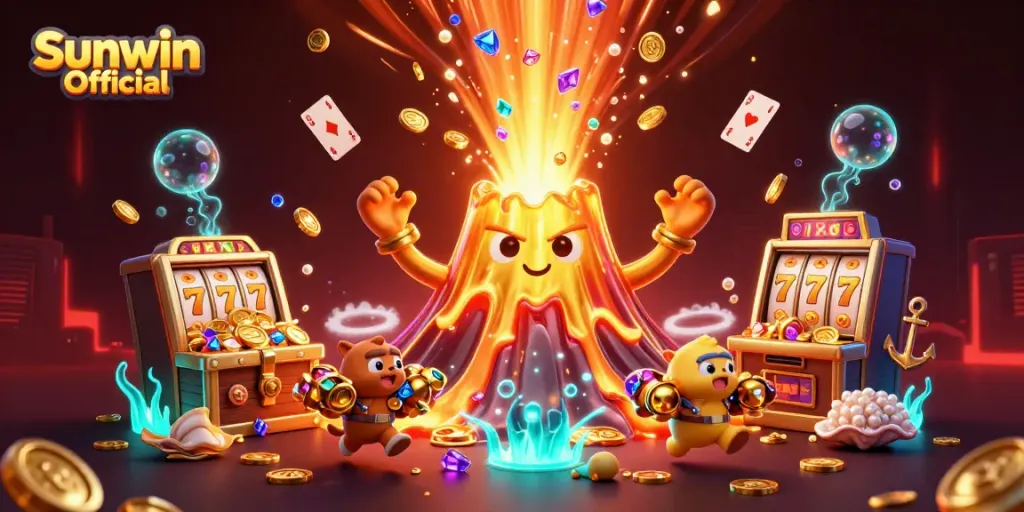 Experience thrilling jackpots with Sunwin Official in this vibrant 3D illustration filled with treasures.