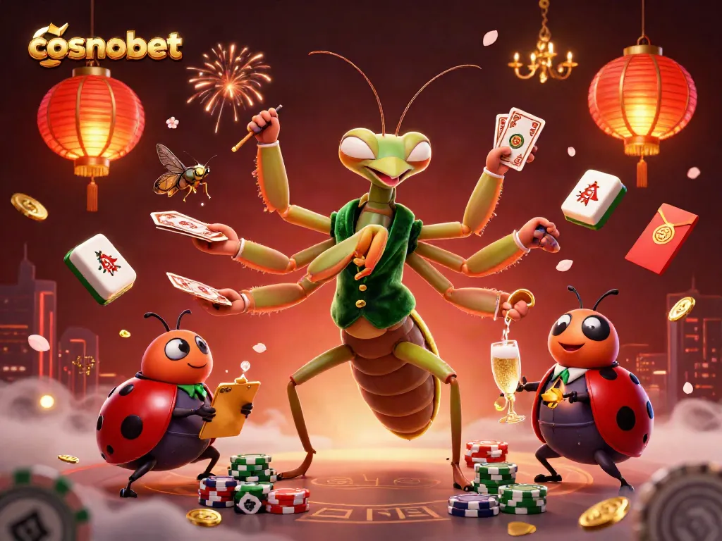 Experience vibrant gameplay at Cosmobet with a whimsical casino illustration featuring animated characters.