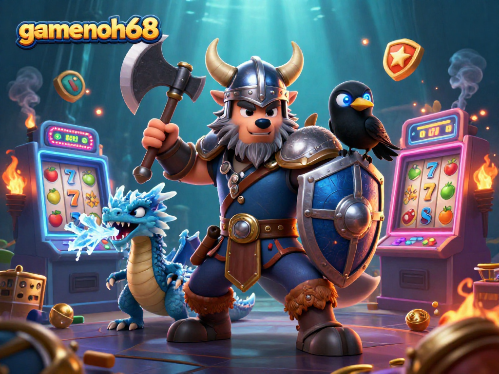 Play slots and win with gamenohu68 in a vibrant 3D illustration of gaming adventures.