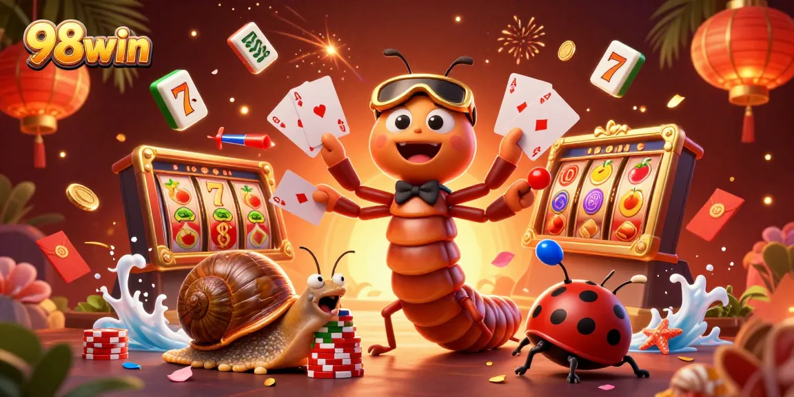 Experience thrilling slots and jackpots with 98win's vibrant 3D casino scene featuring a unique dealer.