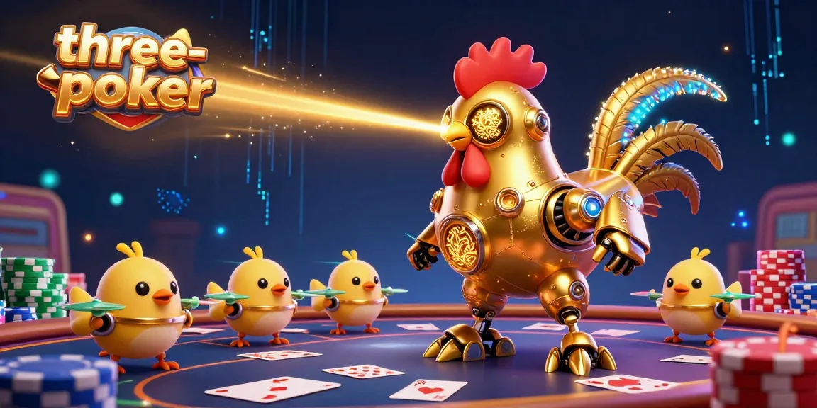 Engage with three-card-poker action featuring a futuristic golden rooster robot, poker elements, and dynamic casino visuals.