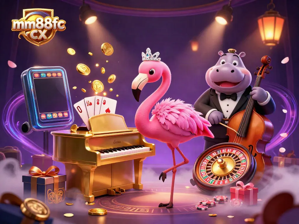 Experience thrilling gameplay with mm88fc cx as flamingo lounge singer and hippo bassist perform in a vibrant casino scene.