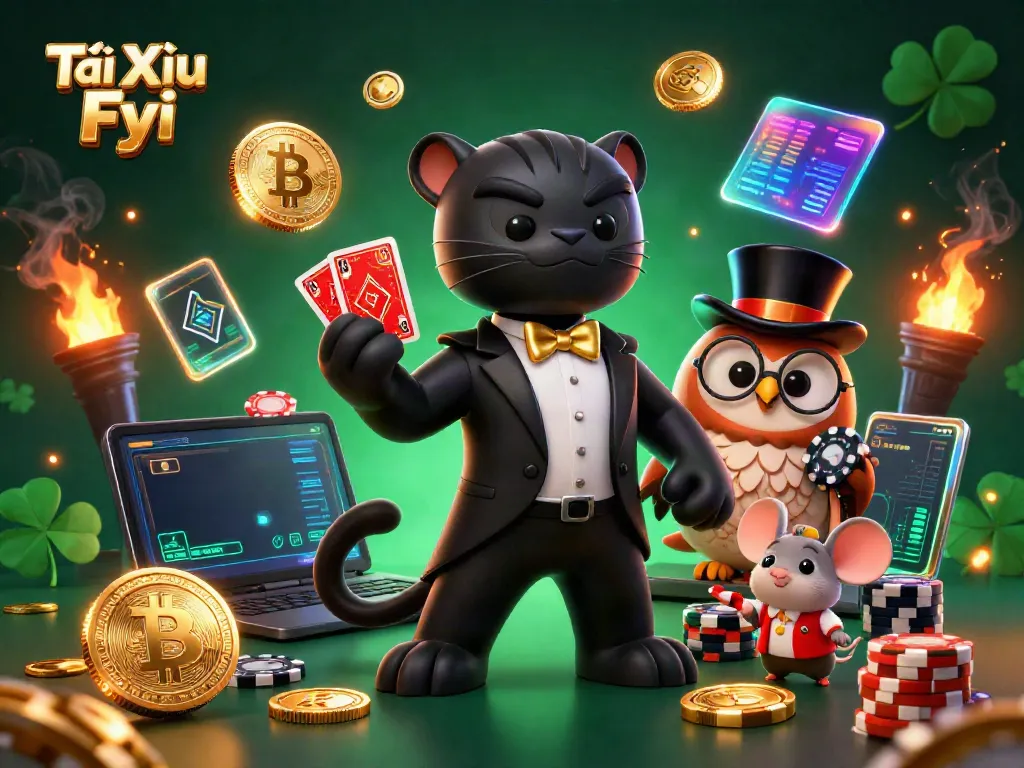 Engage in thrilling gaming with Tài Xỉu Fyi showcased in an animated casino scene.