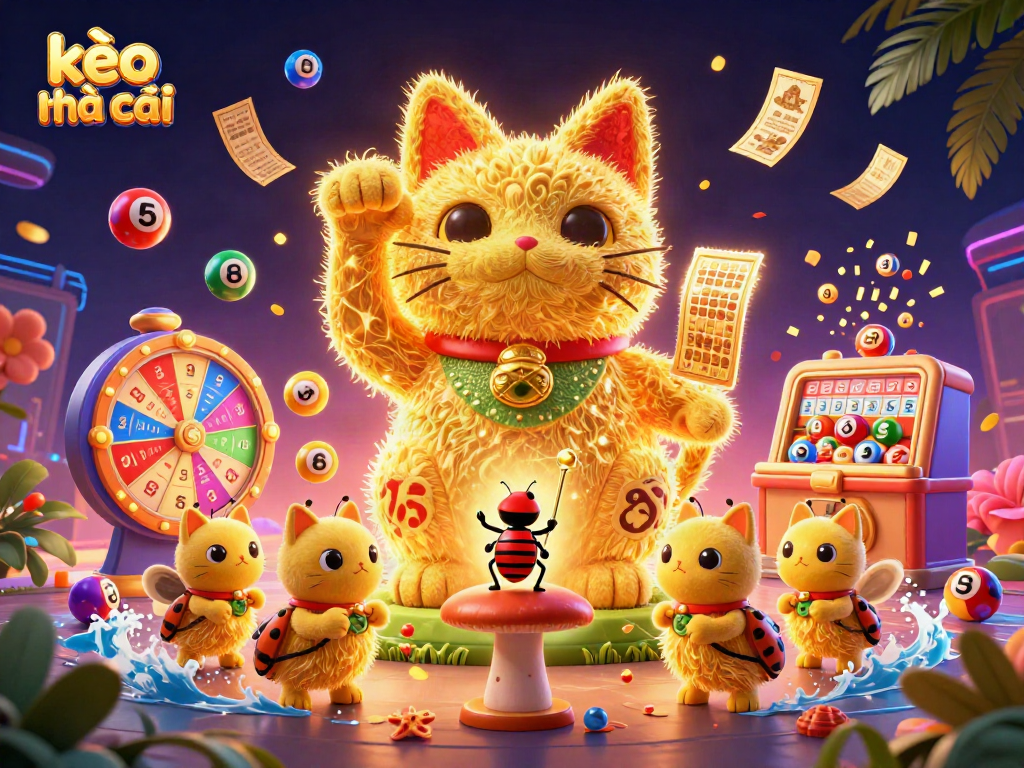 Experience kèo nhà cái with a vibrant illustration of a golden lucky cat and dynamic casino games.