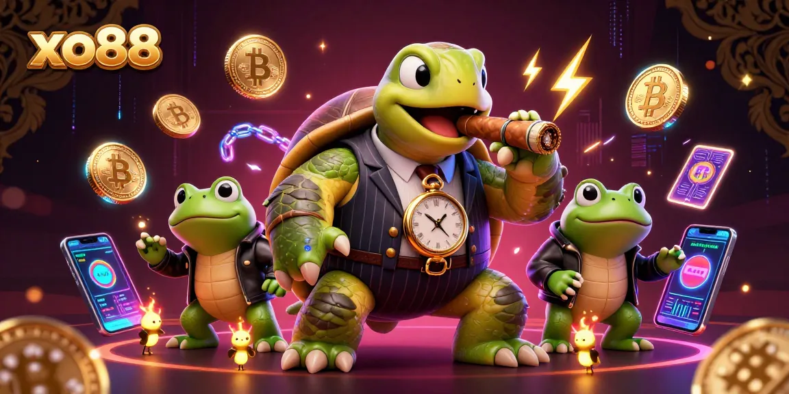 Experience excitement with xo88's vibrant gaming scene featuring a cartoon turtle and crypto elements.