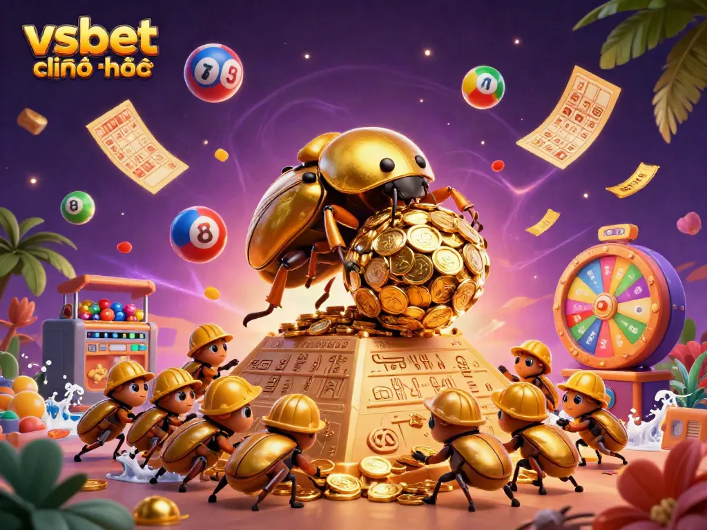 Experience vsbet chính thức with rich visuals of a golden dung beetle rolling coins and gaming elements.