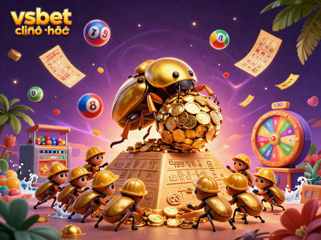 Experience vsbet chính thức with rich visuals of a golden dung beetle rolling coins and gaming elements.