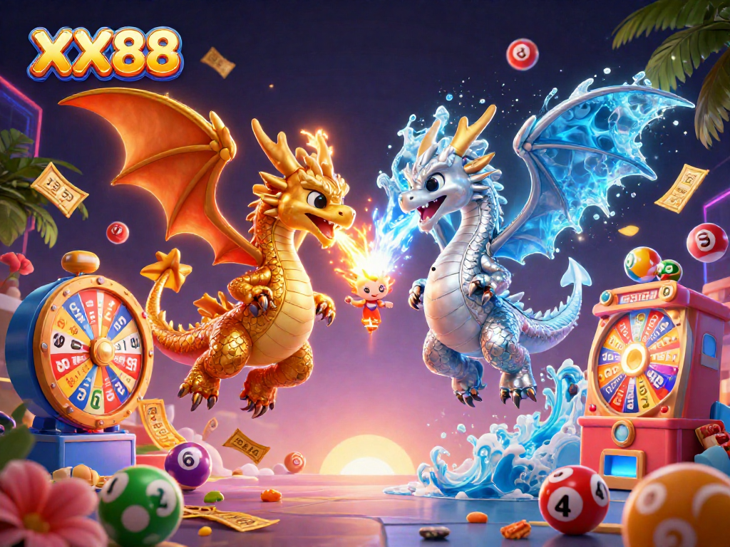 Engage with thrilling gameplay at XX88 featuring dynamic dragons and vibrant casino elements.