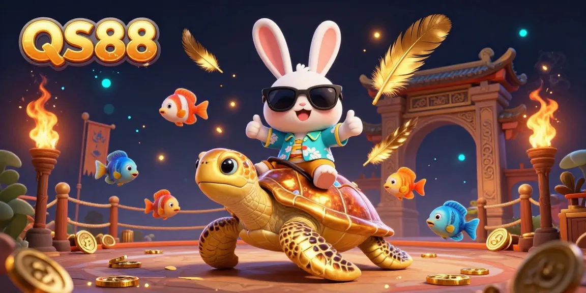 Experience the excitement at QS88 with a lucky rabbit and golden turtle in a vibrant casino scene.