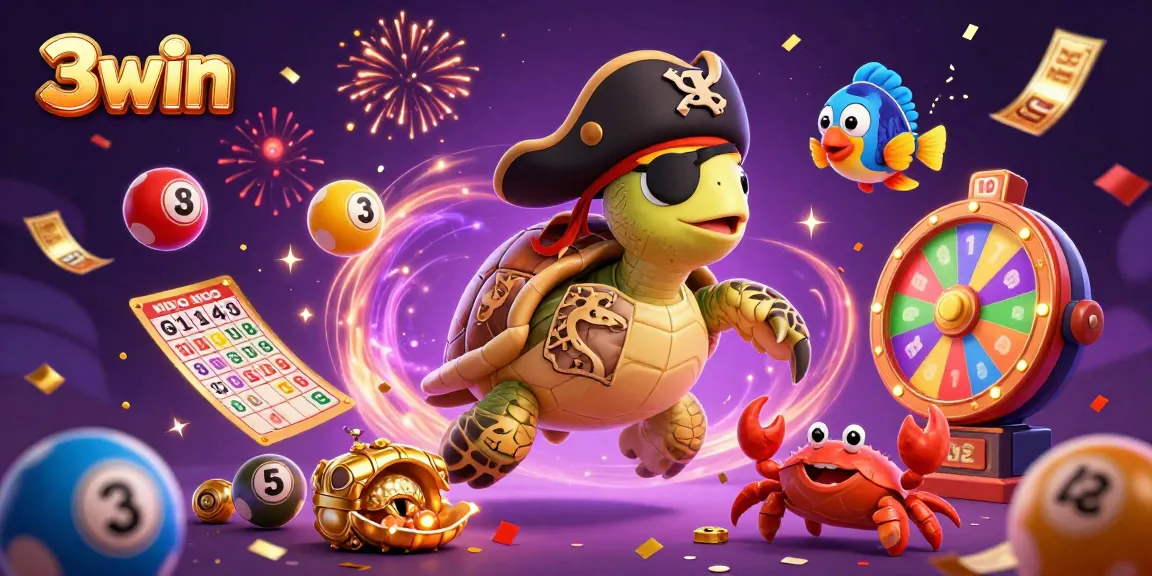 Engage in exciting gaming at 3win with a lively scene of a pirate turtle, hermit crab, and parrotfish amidst vibrant slot machines and lottery elements.