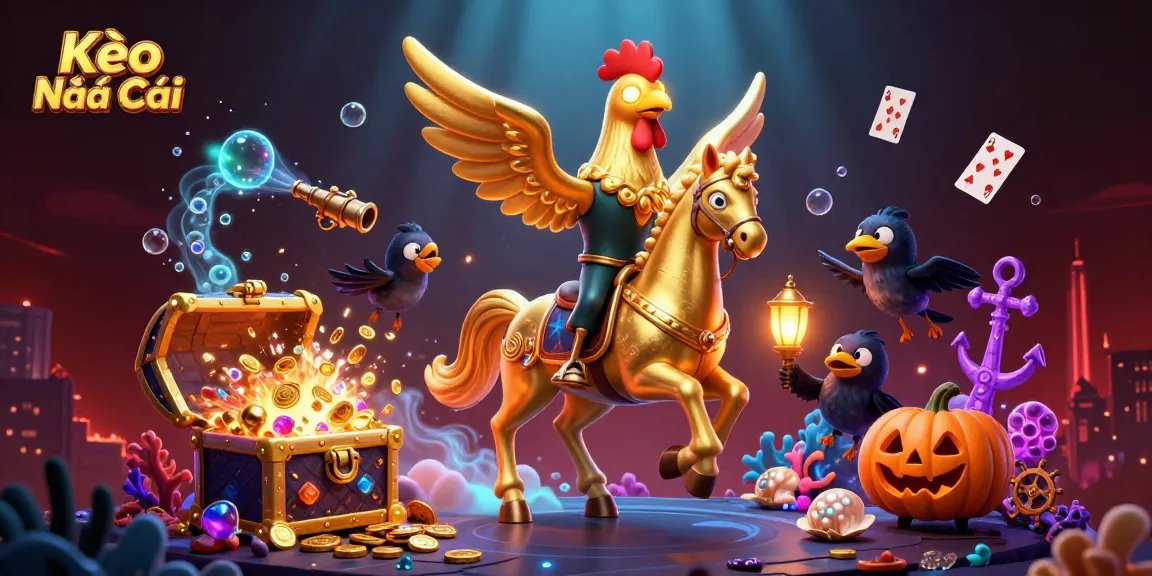 Kèo Nhà Cái showcases the golden rooster horseman amid exploding treasures and spectral elements for immersive gambling.