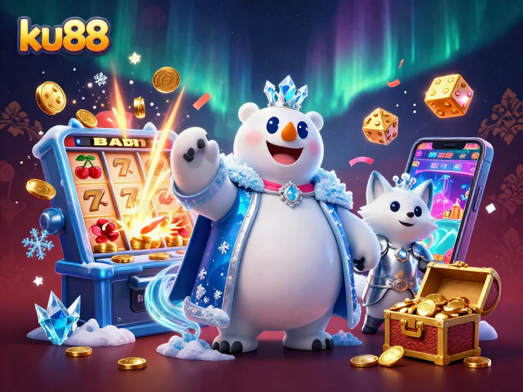 ku88 celebrates big wins with a 3D casino scene featuring a slot machine, icy characters, and vibrant gaming elements.