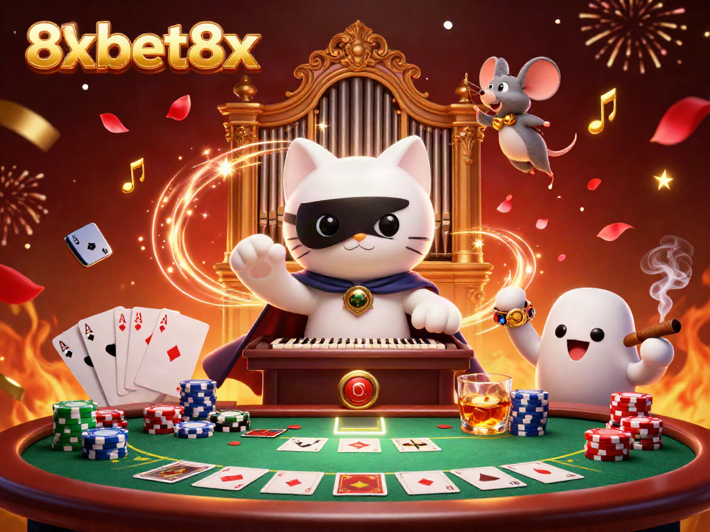 Experience the thrill at 8xbet8x with a lively casino scene featuring vibrant characters and poker action.