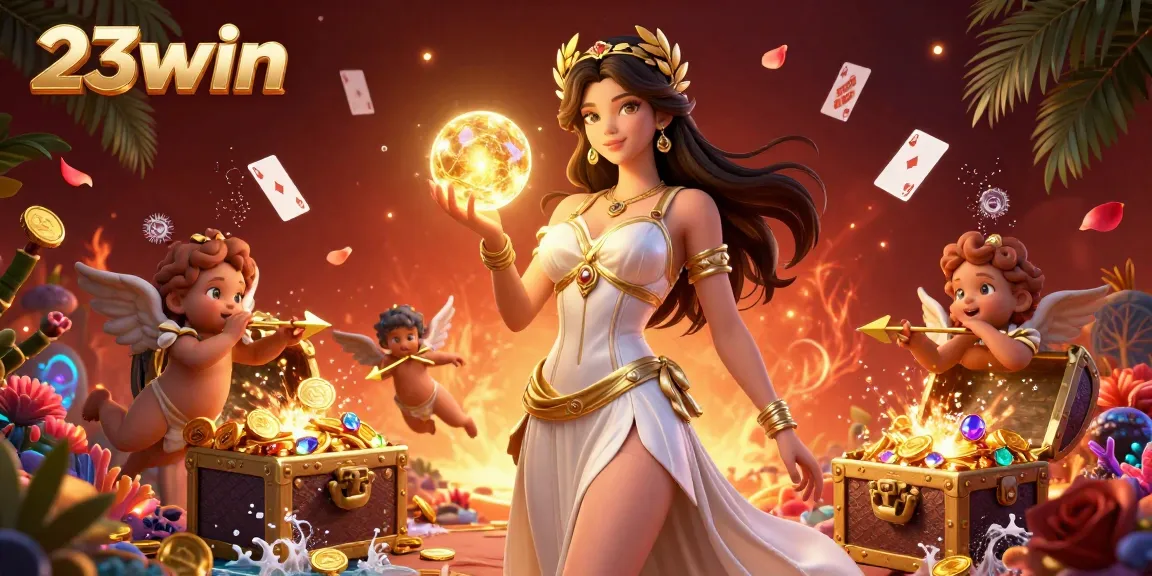 Experience the excitement at 23win with a vibrant casino scene filled with fortune symbols and glowing treasures.