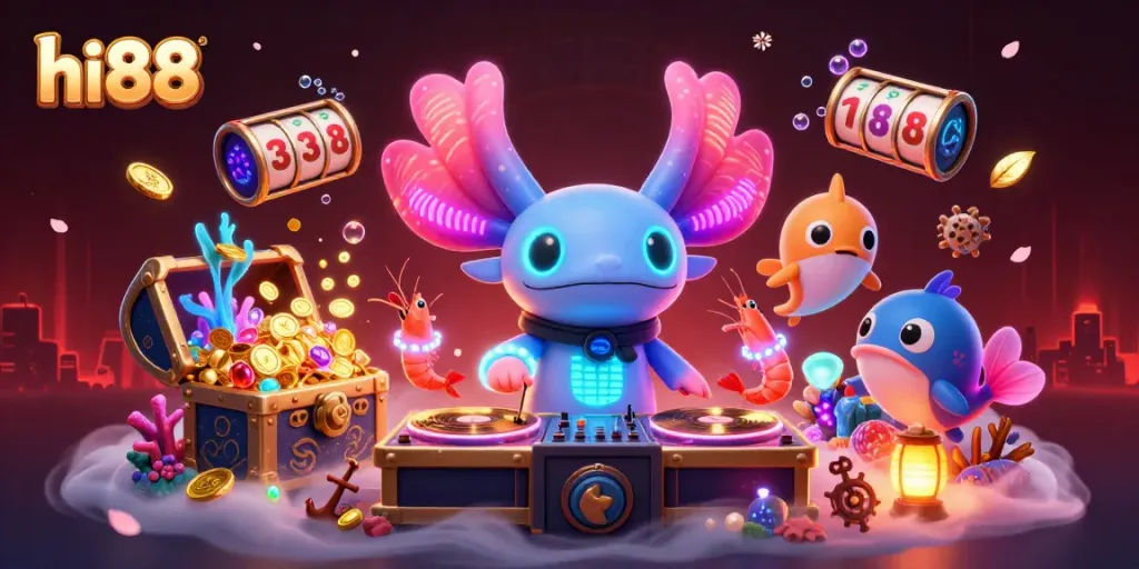 Experience hi88's lively atmosphere with a vibrant underwater casino scene featuring an axolotl DJ.