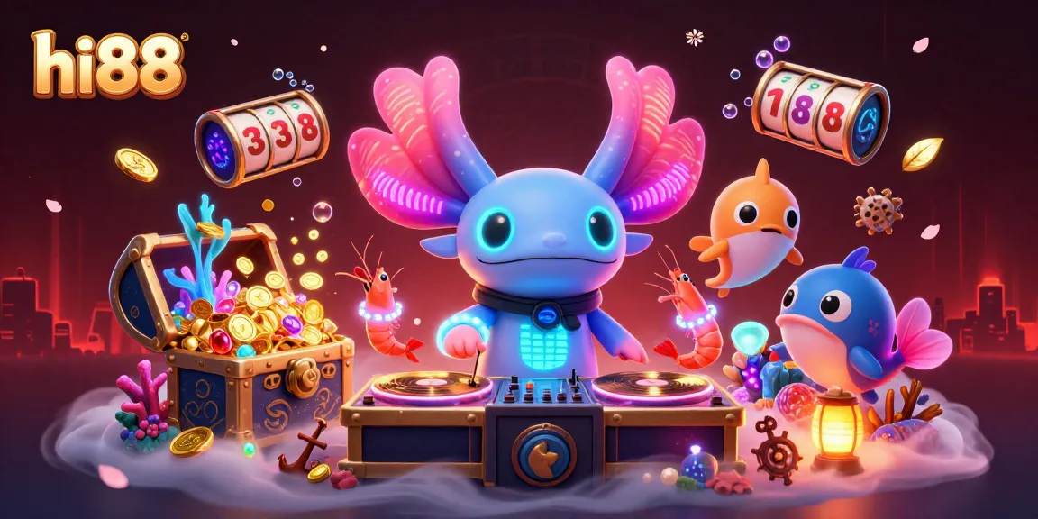 Experience hi88's lively atmosphere with a vibrant underwater casino scene featuring an axolotl DJ.