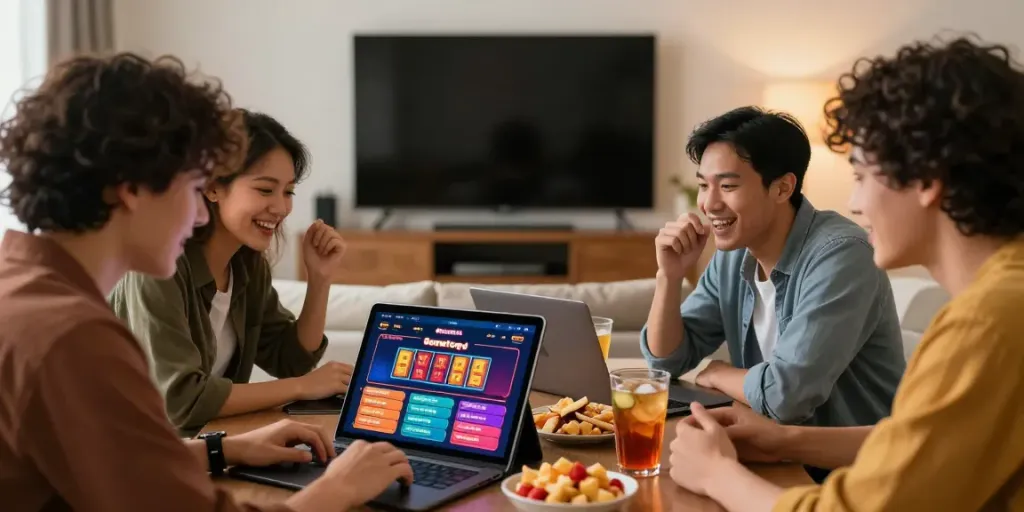 Diverse friends enjoying an exciting Bandar Togel session on their tablet in a cozy living room.