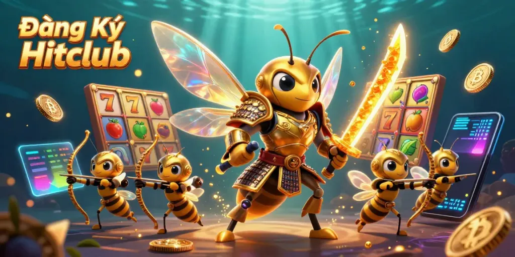 Engage with Đăng Ký Hitclub as you explore vibrant slots and immersive casino elements in this dynamic illustration.