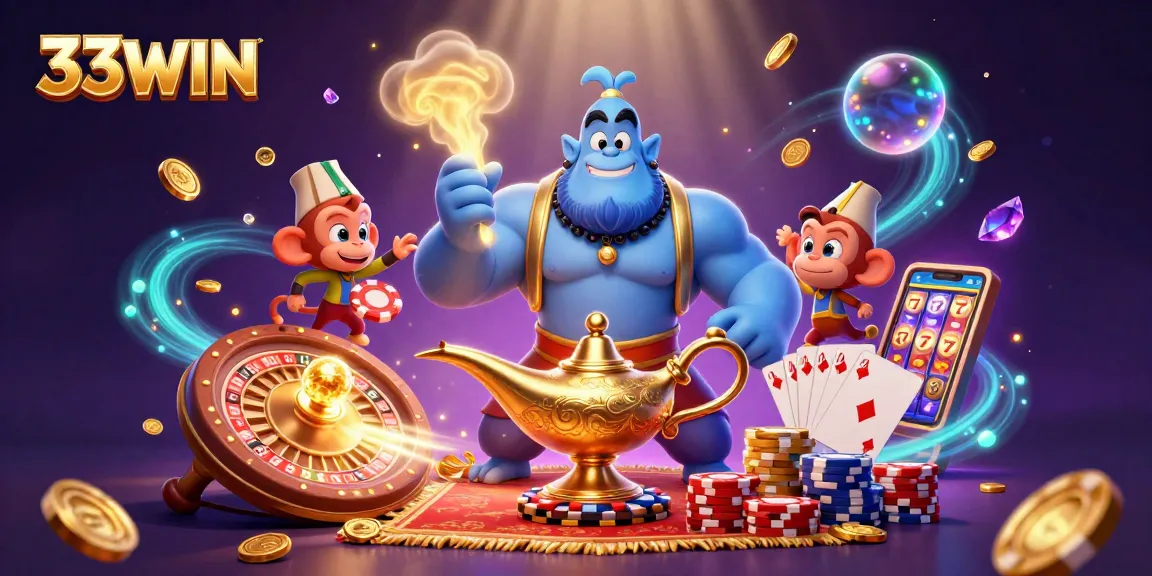 Engage with the 33WIN casino experience featuring a mystical genie and vibrant magical elements.
