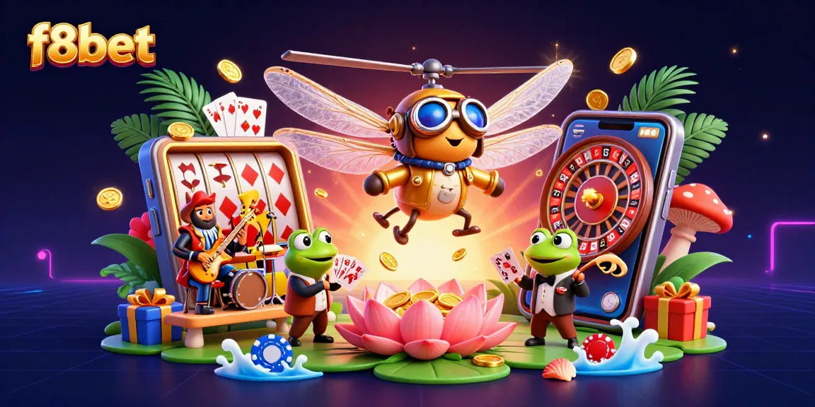 Engage in dynamic casino action with f8bet and vibrant gaming elements in an illustrated scene.