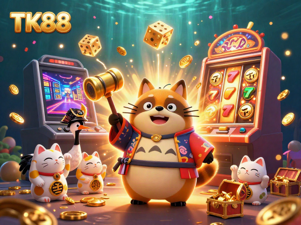 Experience thrilling TK88 gambling excitement with a cheerful tanuki surrounded by joyful symbols and vibrant colors.