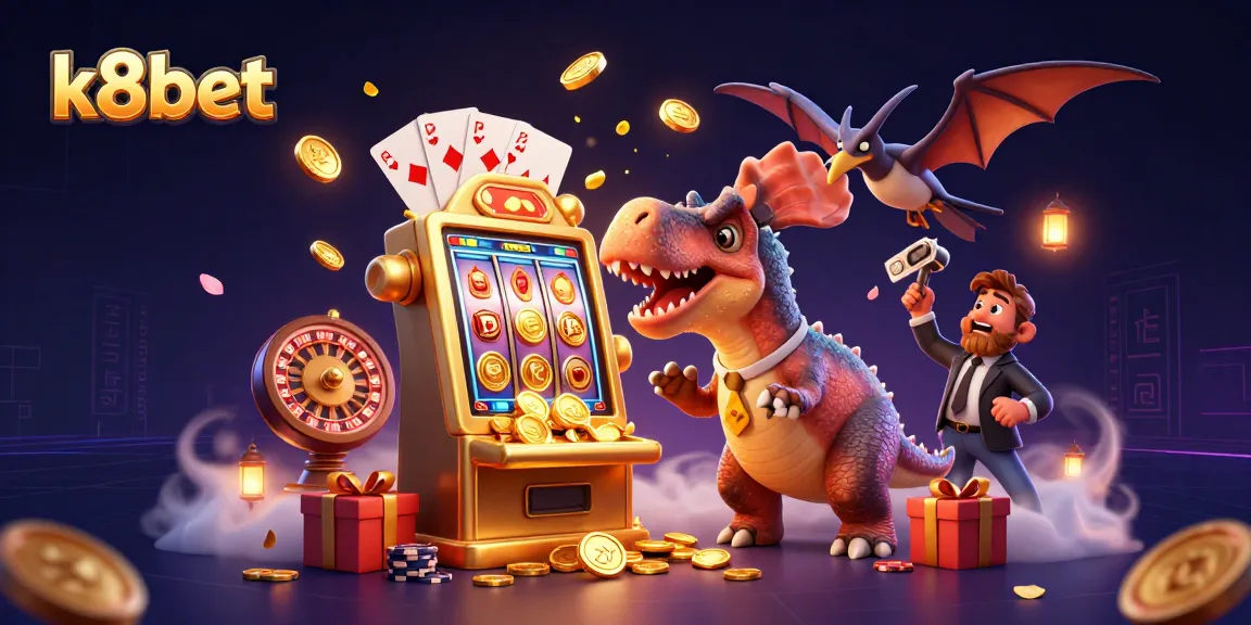 K8bet features a cartoon dinosaur at a slot machine, capturing the excitement of online gambling.