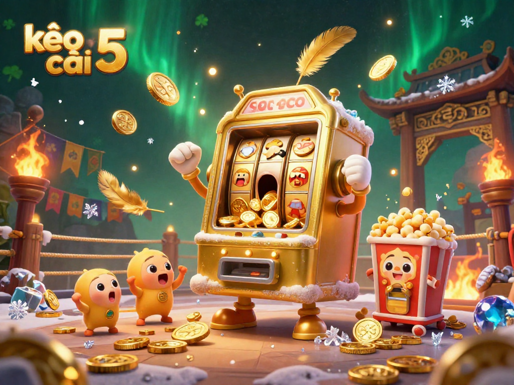 Experience the thrill of kèo nhà cái 5 with a golden slot machine celebrating a jackpot surrounded by cheering friends.