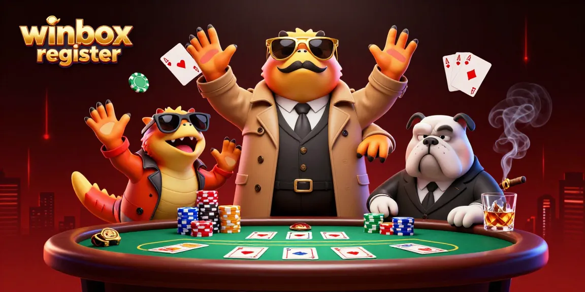 Enjoy the action at Winbox register with lively raptors and a bouncer in a bold, engaging casino scene.