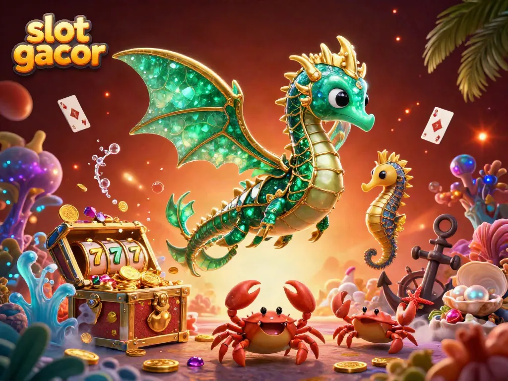Experience the thrill of slot gacor with vibrant 3D illustrations of a sea dragon, treasure, and winning symbols.