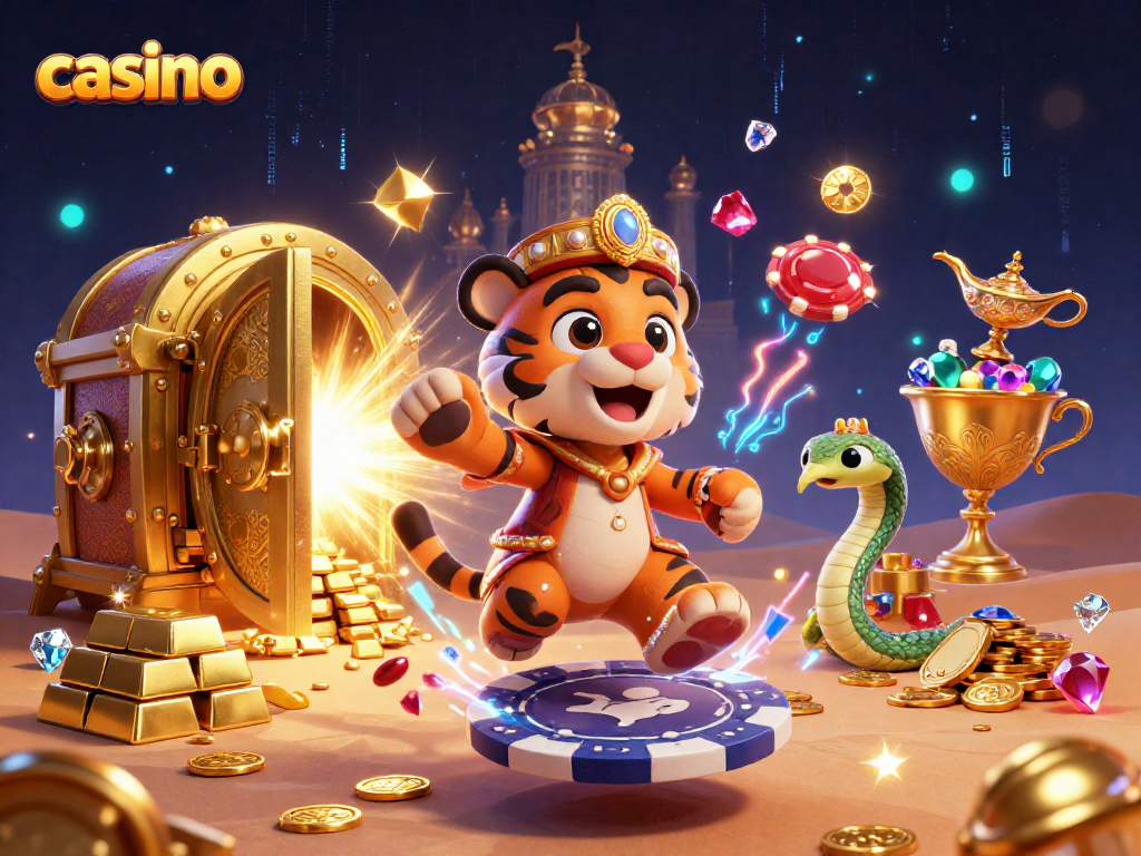 Engage in casino action with an Arabian-themed sultan and dazzling treasure in a vibrant 3D illustration.
