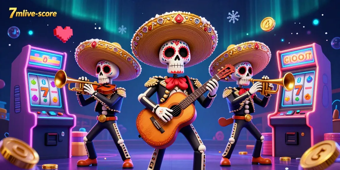 The 7mlive-score mariachi band showcases vibrant slots and gaming elements in a captivating 3D illustration.
