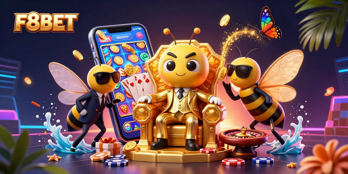Experience thrilling wins with F8BET in a vibrant, cartoonish casino scene filled with action.