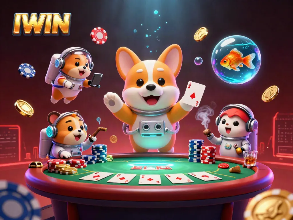 IWIN offers a vibrant casino experience with a cartoon astronaut corgi in outer space surrounded by poker game elements.