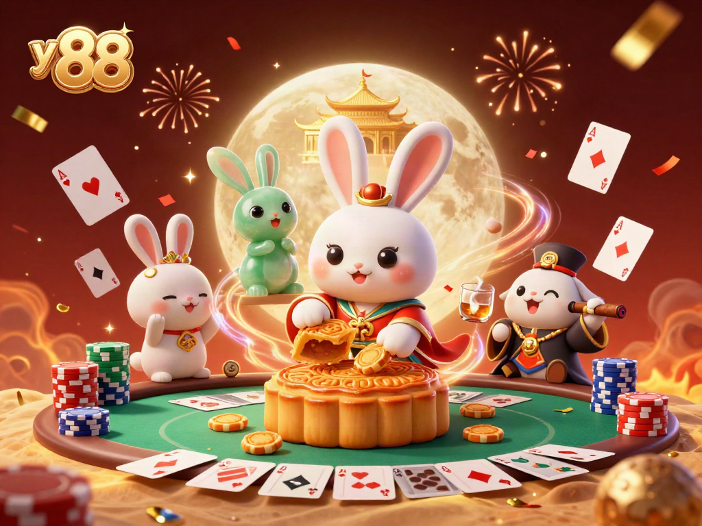 Experience the thrill of yo 88 with a dynamic scene of playful moon rabbits, poker chips, and festive elements.