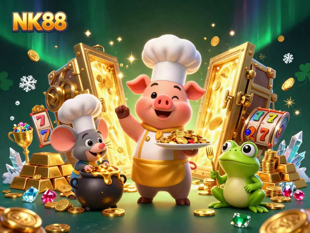 NK88 chef pig serves gold coins amidst vibrant casino-themed elements and characters in a dynamic scene.